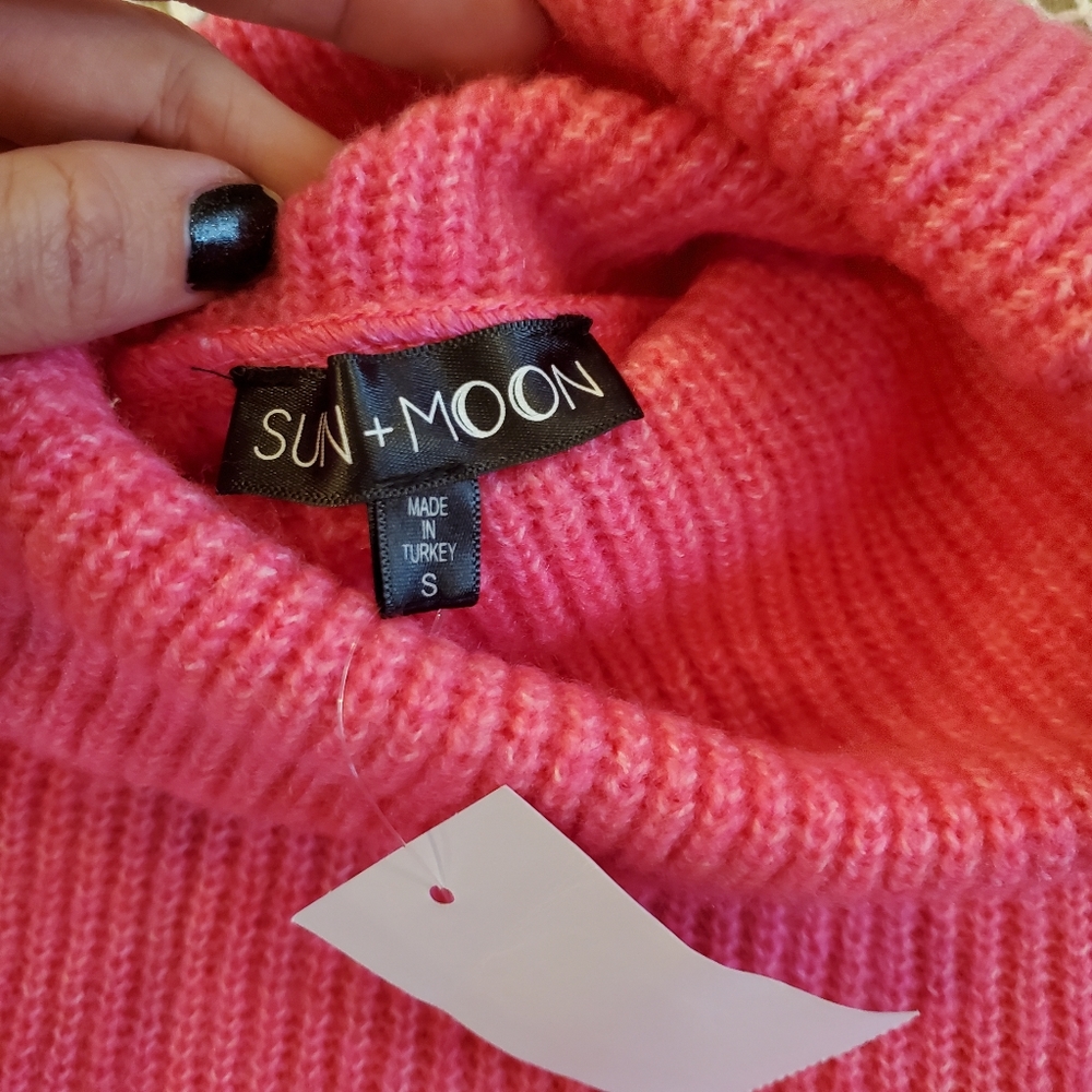 SUN + MOON 🌙  Electric Pink Boxy Turtleneck Ribbed Sweater - Picture 7 of 7
